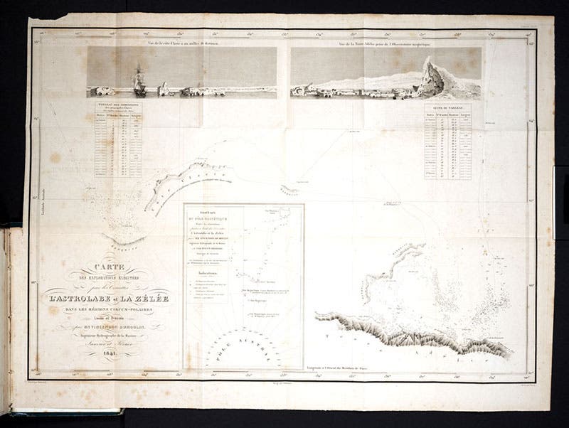 Map of the coast of Antarctica, visited by the Astrolabe and  Zélée in 1840, engraving in Voyage au pole sud et dans l'Océanie sur les corvettes l'Astrolabe et la Zélée, by Jules-Sébastien-César Dumont d'Urville, vol. 7-8, 1842-54 (Linda Hall Library)