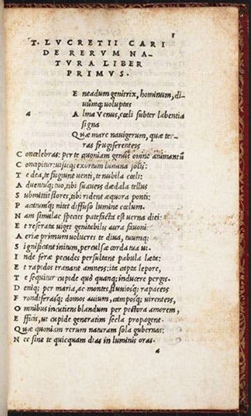 The first page of text in the Aldine octavo edition of Lucretius, De rerum naturae, 1515, showing the italic type that Aldus invented (The Linda Hall)