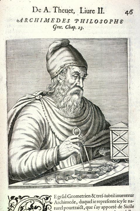 Portrait of Archimedes, engraving in Les vrais pourtrait & vies des hommes illustres, by André Thevet, vol 1, p 46, 1584, University of Wisconsin Libraries, Madison (photo by author)