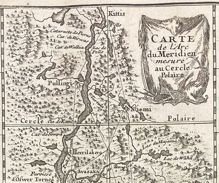 Detail of map of Lapland, showing series of triangulations made in Lapland to determine the length of a degree of latitude, La figure de la terre, déterminée par les observations de Messieurs de Maupertuis, Clairaut, Camus, Le Monnier ... & de M. l'Abbé Outhier ... accompagnes de M. Celsius ... faites par ordre du roy au cercle polaire, plate 1 at end, 1738 (The Linda Hall)