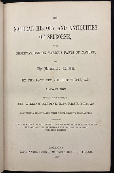 Type-set title page, The Natural History and Antiquities of Selborne, by Gilbert White, edited by William Jardine, 1853 (Linda Hall Library)