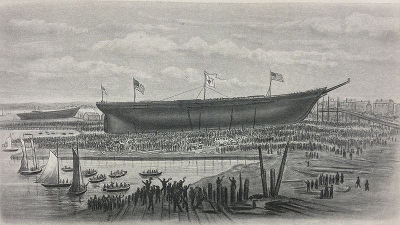 Launch of the Great Republic, Oct. 4, 1853, Donald McKay’s shipyard, Boston, wood engraving reproduced in Some Famous Sailing Ships and their Builder Donald McKay, by Richard C. McKay, 1928 (Linda Hall Library)