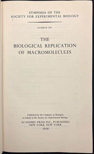 Title page of Symposium no. 12 of the Society for Experimental Biology, which has its own title, and contains the paper by Francis Crick, “On protein synthesis,” Symposia of the Society for Experimental Biology, vol. 12, 1958 (The Linda Hall)