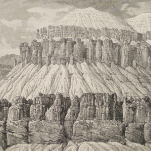 “A Gable with Pinnacles – the Toroweap,” wood engraving after pen drawing by William Henry Holmes, in Tertiary History of the Grand Cañon District, by Clarence Dutton, Text vol., plate 16, p. 84, 1882. 