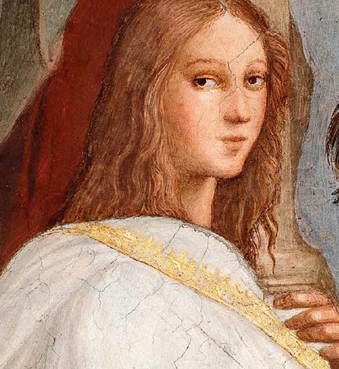 Detail of figure in the School of Athens, by Raphael, once thought to represent Hypatia of Alexandria, Vatican, 1509-11 (Wikimedia commons)