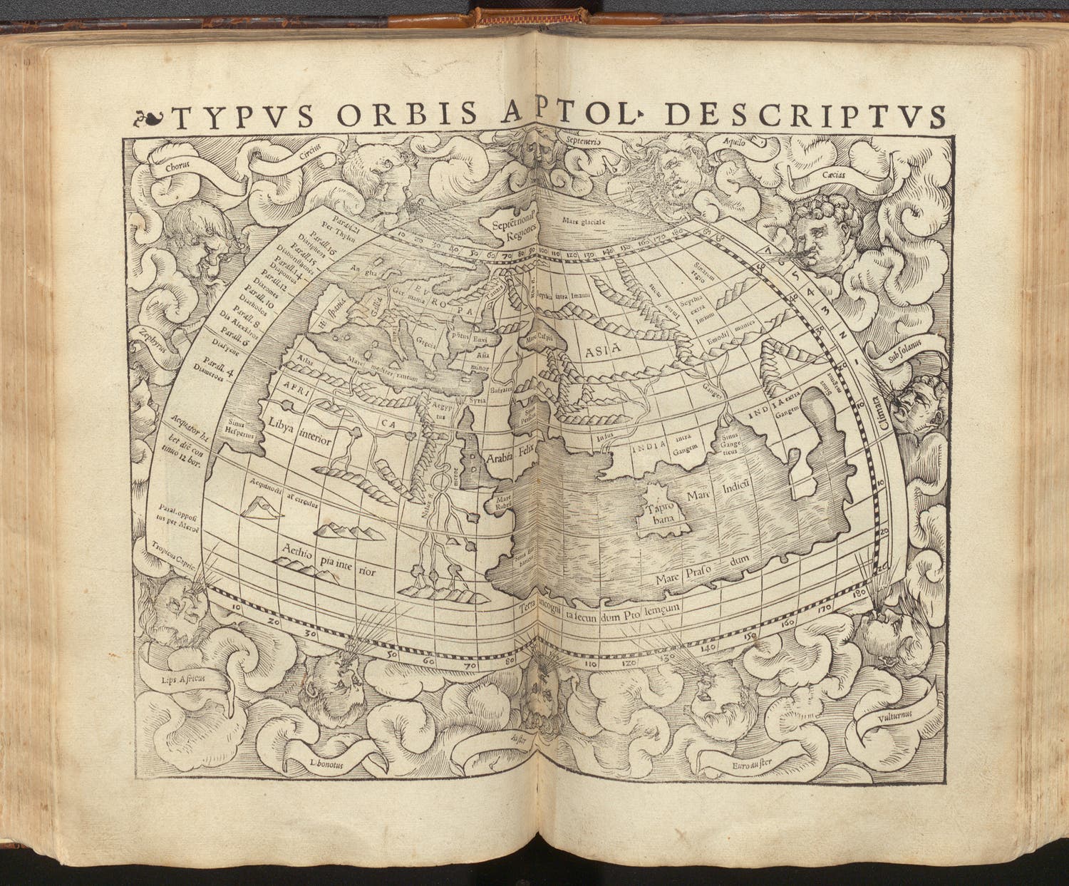 World map according to Ptolemy, woodcut, Geographia vniversalis: vetus et nova, by Ptolemy of Alexandria and Sebastian Münster, 1540 (Linda Hall Library)