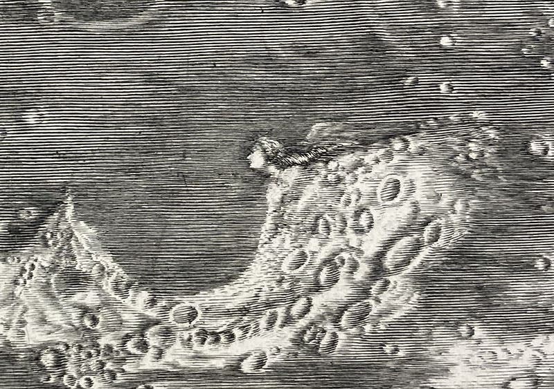 “Moon maiden,” Cape Heraclides on the Sinus Iridium, near the north limb of the Moon, detail of "Carte de la lune de Jean Dominique Cassini," drawn by Jean Patigny, 1787 imprint of 1679 engraving, with South at the top (Linda Hall Library)