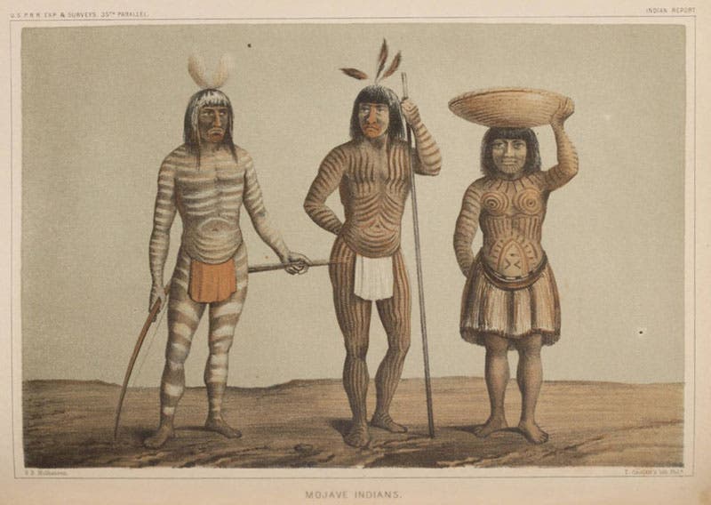 Mohave Indians, chromolithograph from a sketch by Balduin Möllhausen, Explorations and Surveys for a Railroad Route from the Mississippi River to the Pacific Ocean: Route near the Thirty-Fifth Parallel, by Amiel W. Whipple (Pacific Railroad Report, 3), 1856 (Linda Hall Library)