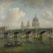 Blackfriars Bridge, with St. Paul’s Cathedral in the background, oil on canvas, by William Marlow, ca 1770, Guildhall Art Gallery (Wikimedia commons)