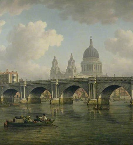 Blackfriars Bridge, with St. Paul’s Cathedral in the background, oil on canvas, by William Marlow, ca 1770, Guildhall Art Gallery (Wikimedia commons)