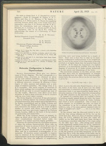 First page of “Molecular configuration in sodium thymonucleate,” by Rosalind Franklin and Raymond Gosling, including Photo 51, Nature, vol. 171, p. 740, Apr. 25, 1953 (Linda Hall Library)
