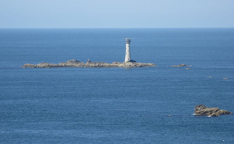Les Hanois Lighthouse, Guernsey, William Douglass, resident engineer, recent phonograph; the helipad on top is a later addition (Wikimedia commons)