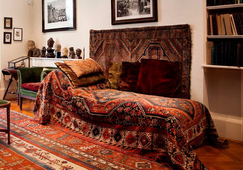 Sigmund Freud’s original psychoanalytic couch, with its Qashqa'i Shekarlu wool carpet, on display in the Freud Museum, London (freud.org.uk)