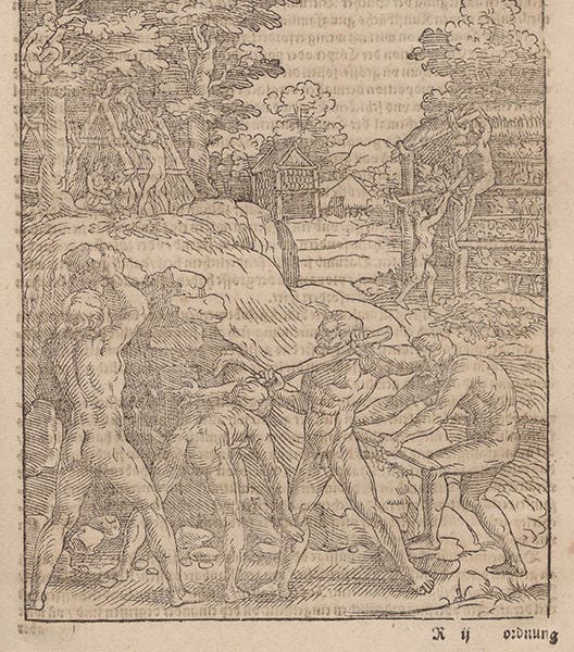 Inventing the art of building, illustrating a story in Vitruvius, woodcut, Bawkunst, oder, Architectur, by Walther Hermann Ryff, 3rd ed., p. 131, 1582 (The Linda Hall)