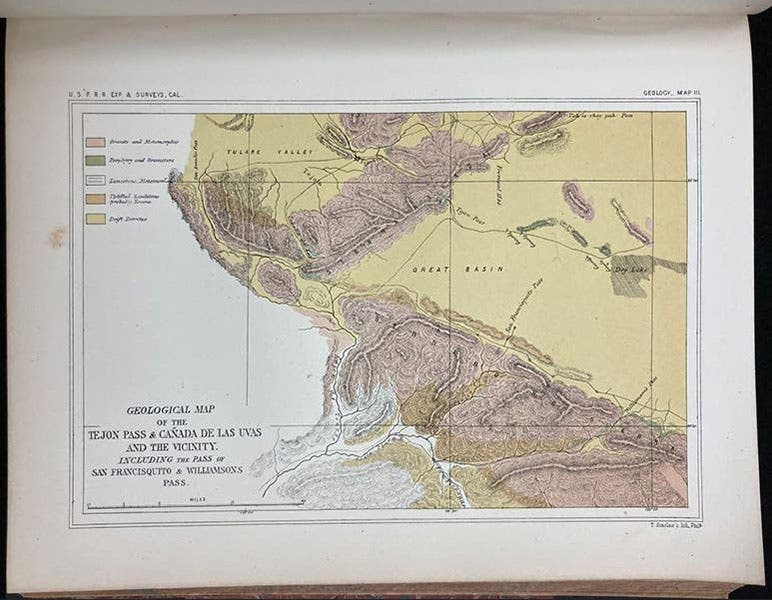 Geological map of Tejon Pass linking southern California to the Central Valley, engraving in Pacific Railroad Reports, vol. 5, map plate 3, 1855 (The Linda Hall)