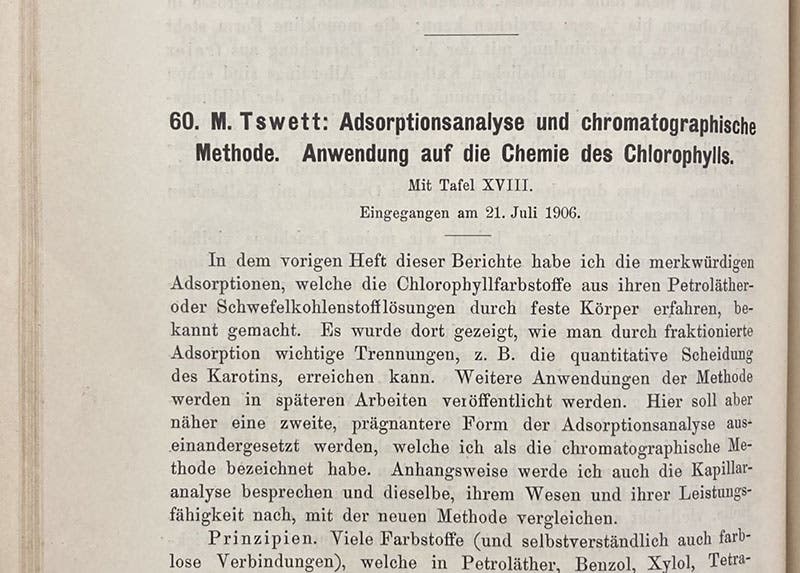 First paragraph, “Adsorptionanalyse und chromatographische Methode,” by Mikhail Tsvet, Berichte der Deutschen Botanischen Gesellschaft, vol. 24, p. 384, 1906 (Linda Hall Library)