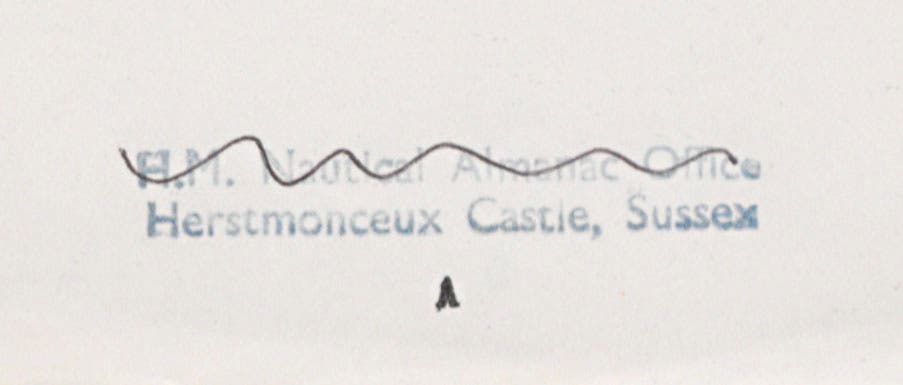 Ownership stamp of the H.M. Nautical Almanac Office, struck through. From the LHL copy of A Survey of Domestic Electronic Digital Computing Systems, by Martin H. Weik, 1955, front wrapper and title page.