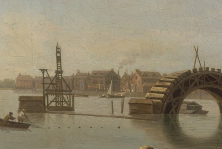 Detail of fourth image, showing Vauloue’s pile driver near the construction site in the Thames, The Building of Westminster Bridge, oil on canvas, by Samuel Scott, ca. 1742, Yale Center for British Art (collections.britishart.yale.edu)