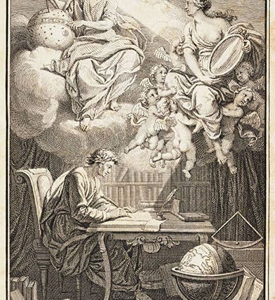Frontispiece, Élémens de la philosophie de Neuton: mis à la portée de tout le monde, by Voltaire, 1738; Émilie du Châtelet is possibly represented by the woman holding the mirror (The Linda Hall)