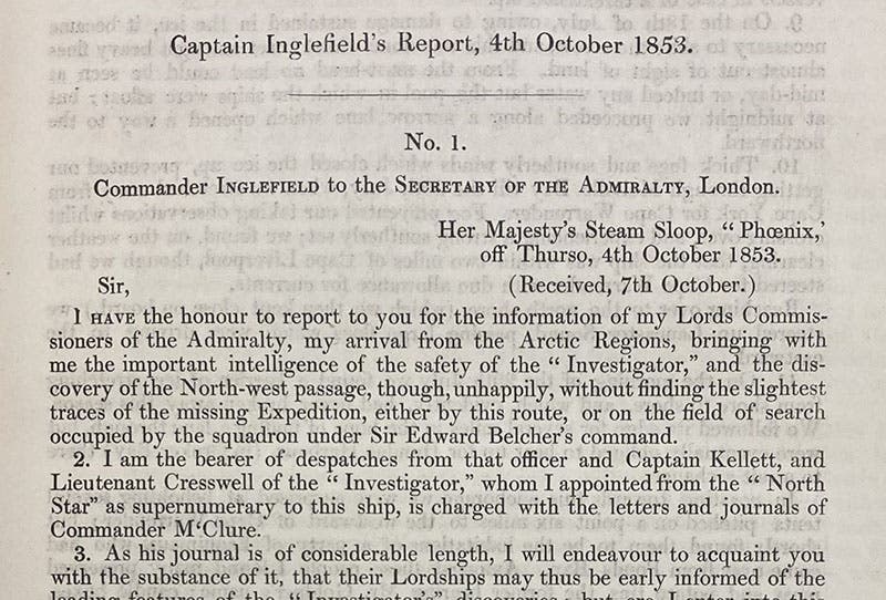 First several paragraphs of Edward Inglefield’s report on the first successful Northwest passage, Papers Relative to the Recent Arctic Expeditions in Search of Sir John Franklin and the Crews of H.M.S. “Erebus” and “Terror” (an Arctic Blue Book), p. 14, 1854 (The Linda Hall)
