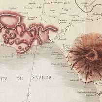 Mount Vesuvius (right) and the Phlegraean Fields, detail of map of Campania, hand-colored engraving in Voyages physiques et lythologiques dans la Campanie : suivis d'un mémoire sur la constitution physique de Rome, by Scipione Beislak, vol 1, plate 1, p. 1, 1801 (The Linda Hall)
