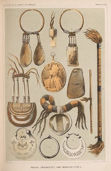 Indian ornaments and manufactures, chromolithograph from a drawing  by “F.S.”, Explorations and Surveys for a Railroad Route from the Mississippi River to the Pacific Ocean: Route near the Thirty-Fifth Parallel, by Amiel W. Whipple (Pacific Railroad Report, 3), 1856 (Linda Hall Library)