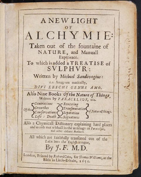 Title page, A New Light of Alchymie, by Michael Sendivogius, trans. by John French, 1650 (Linda Hall Library)