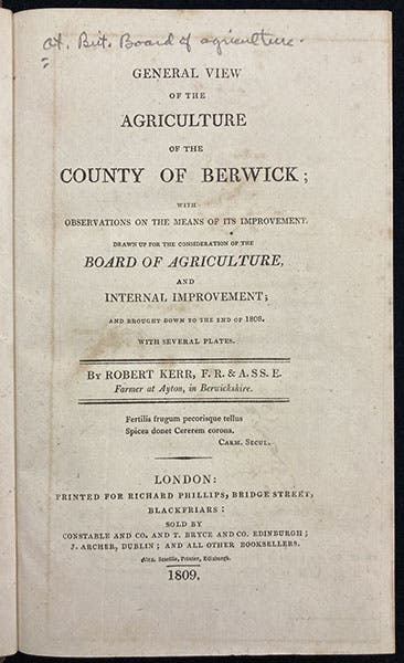 Title page, General View of the Agriculture of the County of Berwick, by Robert Kerr, 1809 (The Linda Hall)