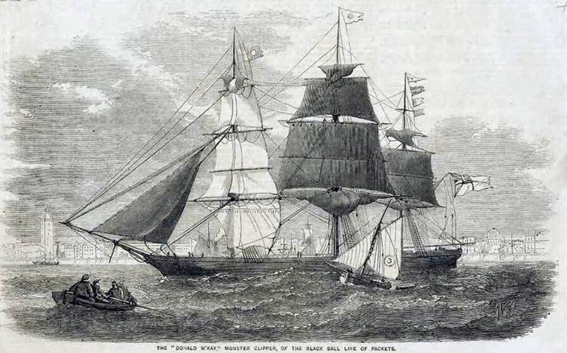 The Donald McKay, extreme clipper ship designed and built by Donald McKay, launched 1855, wood engraving (Wikimedia commons)