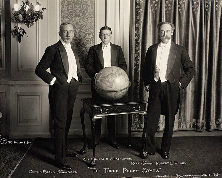 “Three Polar Stars,” Roald Amundsen (left), Ernest Shackleton, and Robert E. Peary, at the National Geographic Society in Washington, D.C., 1913 (Wikimedia commons)