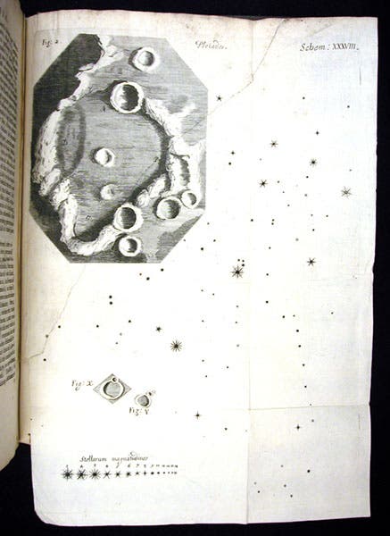 The lunar crater Hipparchus, drawn by Robert Hooke, engraving in his Micrographia, 1665, plate 38 (The Linda Hall)