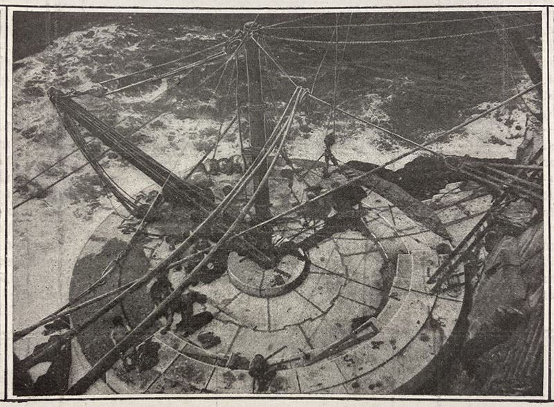 Constructing one of the early courses of the new Fastnet Rock Lighthouse, photograph ca 1899, Scientific American, Sep. 28, 1907, vol. 97, no. 13, p. 226 (Linda Hall Library)