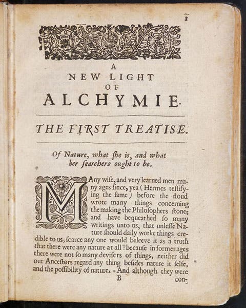 First page, A New Light of Alchymie, by Michael Sendivogius, trans. by John French, 1650 (Linda Hall Library)
