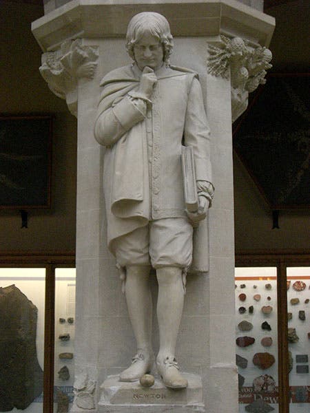 Statue of Isaac Newon at the Oxford University Museum of Natural History; Newton is contemplating a fallen apple as his feet (Wikimedia commons)
