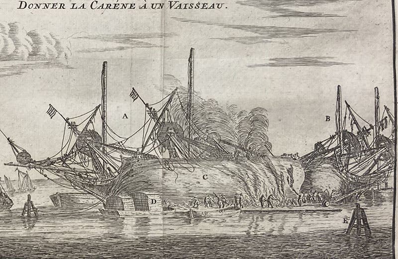Detail of seventh image, careening a ship, engraving, L'art de batir les vaisseaux, by Nicolaas Witsen et al, p. 92, 1719 (Linda Hall Library)