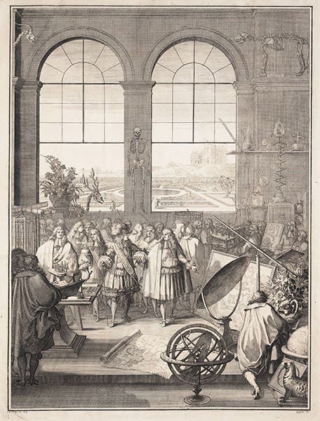 King Louis XIV and Jean-Baptiste Colbert visiting the Academy of Sciences, an imagined meeting of 1671, engraved frontispiece by Sebastien Le Clerc, Mémoires pour servir à l'histoire naturelle des animaux, by Claude Perrault, 1676 (Linda Hall Library)