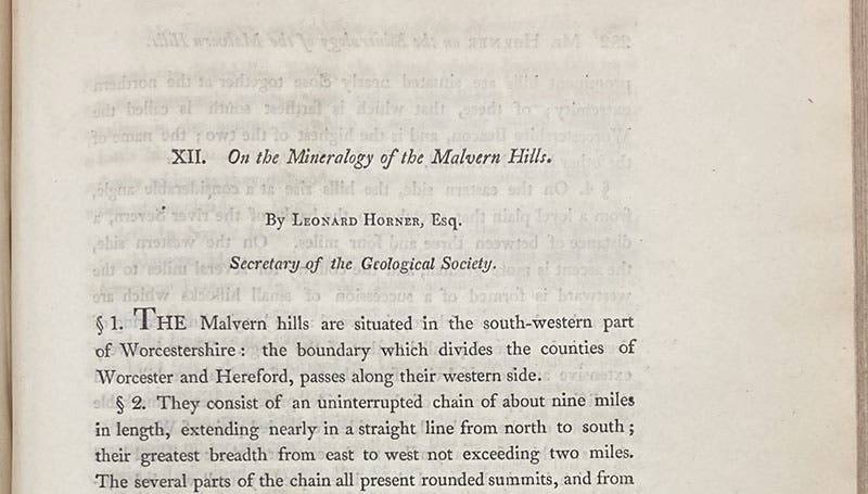 Detail of first paragraph, “On the mineralogy of the Malvern Hills,” by Leonard Horner, Transactions of the Geological Society of London, vol. 1, 1811 (Linda Hall Library)