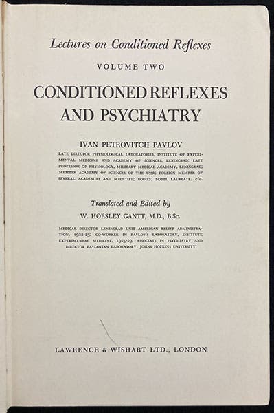 Title page to volume 2, Lectures on Conditioned Reflexes, by Ivan Petrovich Pavlov, transl. by W. Horsley Gantt, vol. 2, 1941 (Linda Hall Library)