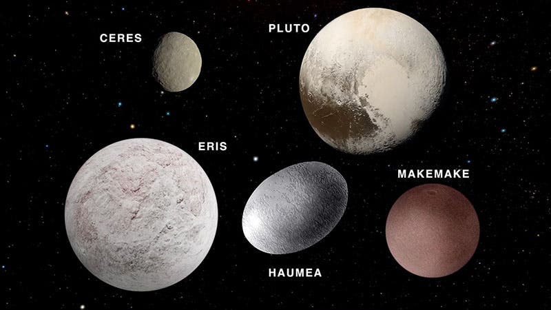 Five of the ten dwarf planets recognized as of this date, including Pluto, Ceres, Eris, Haumea, and Makemake, artist’s conception and photographs (science.nasa.gov)