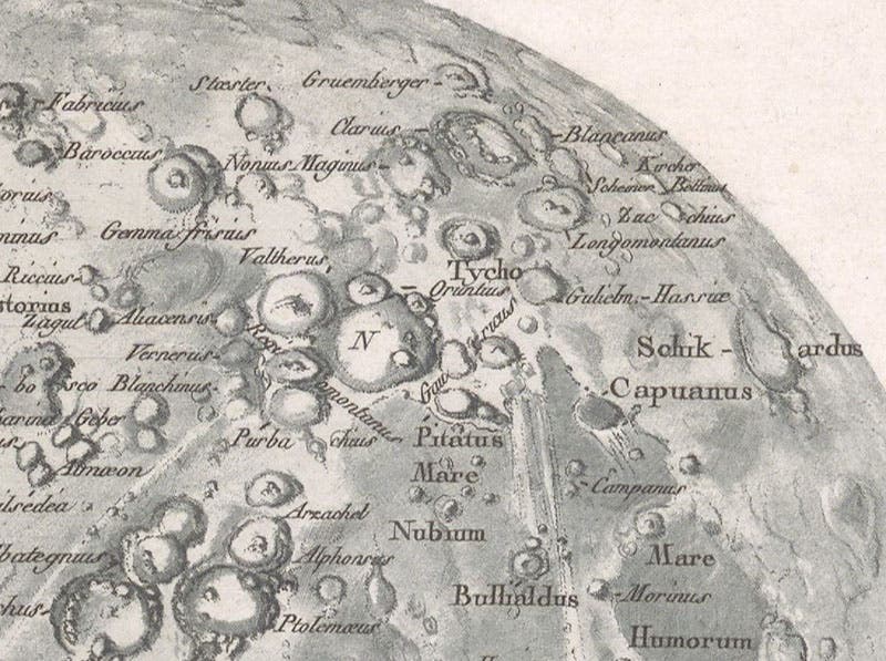 The lunar highlands and the crater Tycho, detail of Réduction de la grande carte de la lune de J. Dom. Cassini, broadside engraving, by Jean-Dominique, comte de Cassini, 1788 (Linda Hall Library)