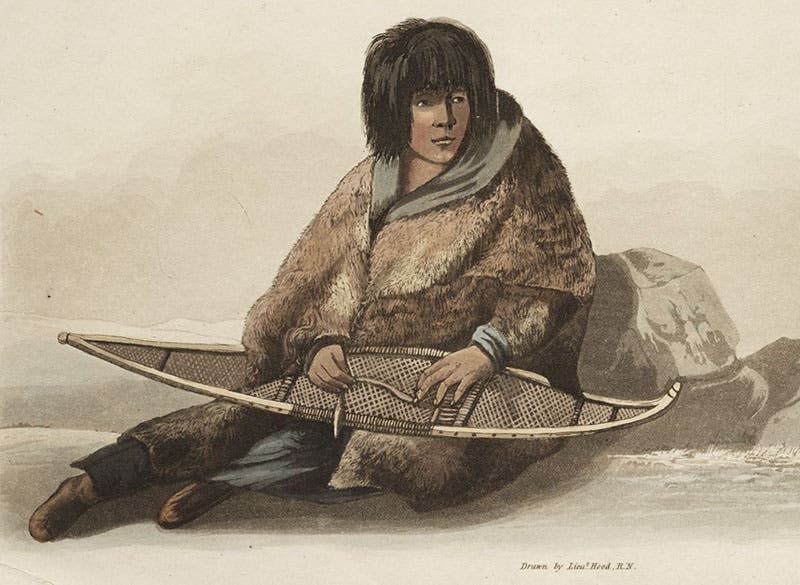 Green Stockings, a Copper Indian 15-year-old woman, mending a snowshoe, detail of a hand-colored engraved frontispiece with signature of Robert Hood, A Narrative of a Journey to the Shores of the Polar Sea, in the Years 1819, 20, 21, and 22, by John Franklin, 1823 (The Linda Hall)