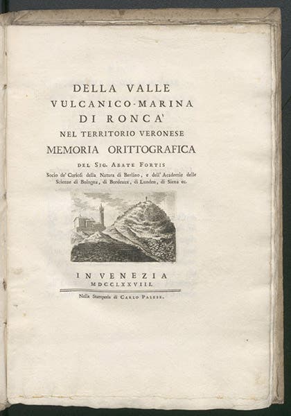 Title page, Alberto Fortis, Della valle vulcanico-marina di Ronca nel territorio veronese memoria orittografica, 1778 (Linda Hall Library)