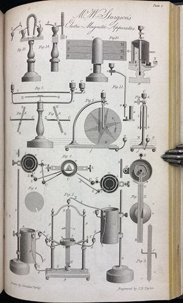 Engraved plate with a variety of William Sturgeon’s electromagnetic inventions and devices, including his electromagnet at top left, Transactions of the Society, Instituted at London, for the Encouragement of Arts, Manufactures, and Commerce, vol. 43, plate 3 at end, 1825 (Linda Hall Library)