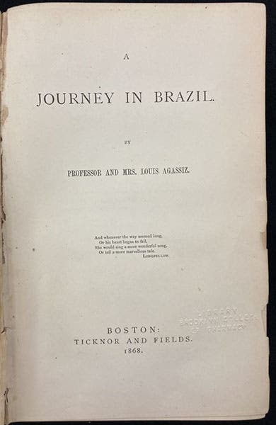 Title page, A Journey in Brazil, by Louis and Elizabeth Cabot Cary Agassiz, 1868 (Linda Hall Library)