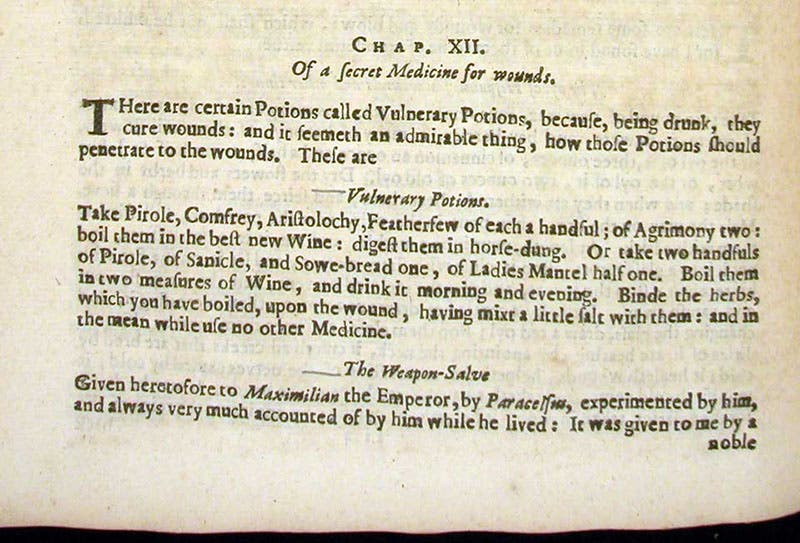 Beginning of the recipe for the weapon-salve, Natural magick, by Giovanni Battista della Porta, p. 218, 1658 (Linda Hall Library)