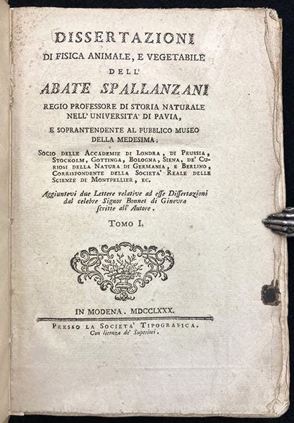 Title page, Dissertazioni di fisica animale, e vegetabile dell' Abate Spallanzani, vol. 1, 1780 (Linda Hall Library)