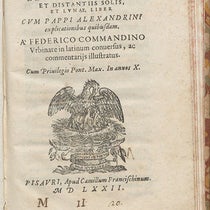 Title page, Aristarchi De magnitvdinibvs et distantiis solis et lvnae liber, ed. by Federico Commandino, 1572 (Linda Hall Library)