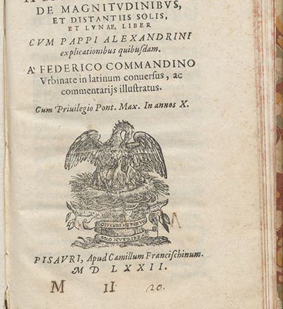 Title page, Aristarchi De magnitvdinibvs et distantiis solis et lvnae liber, ed. by Federico Commandino, 1572 (Linda Hall Library)