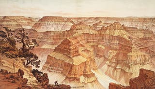 “View from Point Sublime, Looking East,” chromolithograph after drawing by William Henry Holmes, in Tertiary History of the Grand Cañon District, by Clarence Dutton, Atlas, pl. XV, 1882.