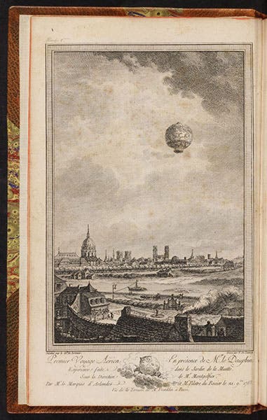 First free ascent of a manned hot-air Montgolfier balloon, Nov. 21, 1783, with Pilâtre de Rozier and François d’Arlandes on board, engraved frontispiece, in Description des expériences de la machine aérostatique de MM. de Montgolfier, by Barthélemy Faujas-de-Saint-Fond, vol. 2, 1783-84 (Linda Hall Library)